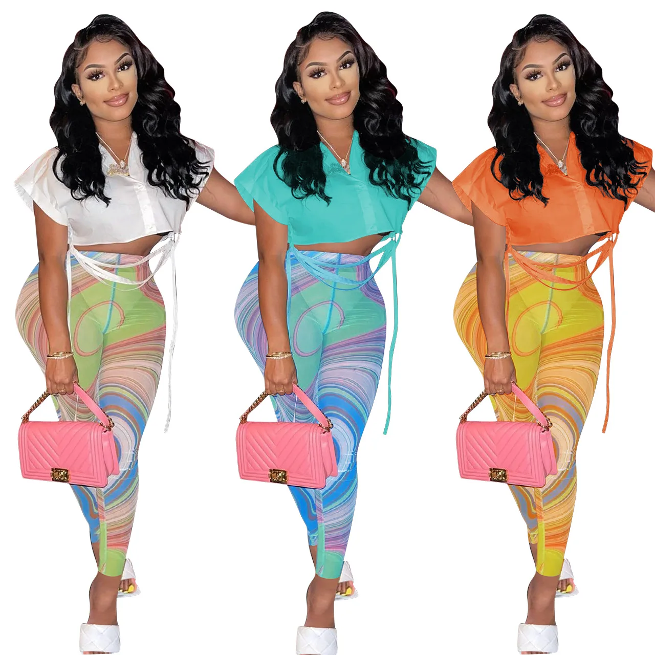 

New Arrivals Mesh Print Long Pants And Solid Color Short Sleeve Shirt Crop Tops For Women Casual 2 Piece Sets