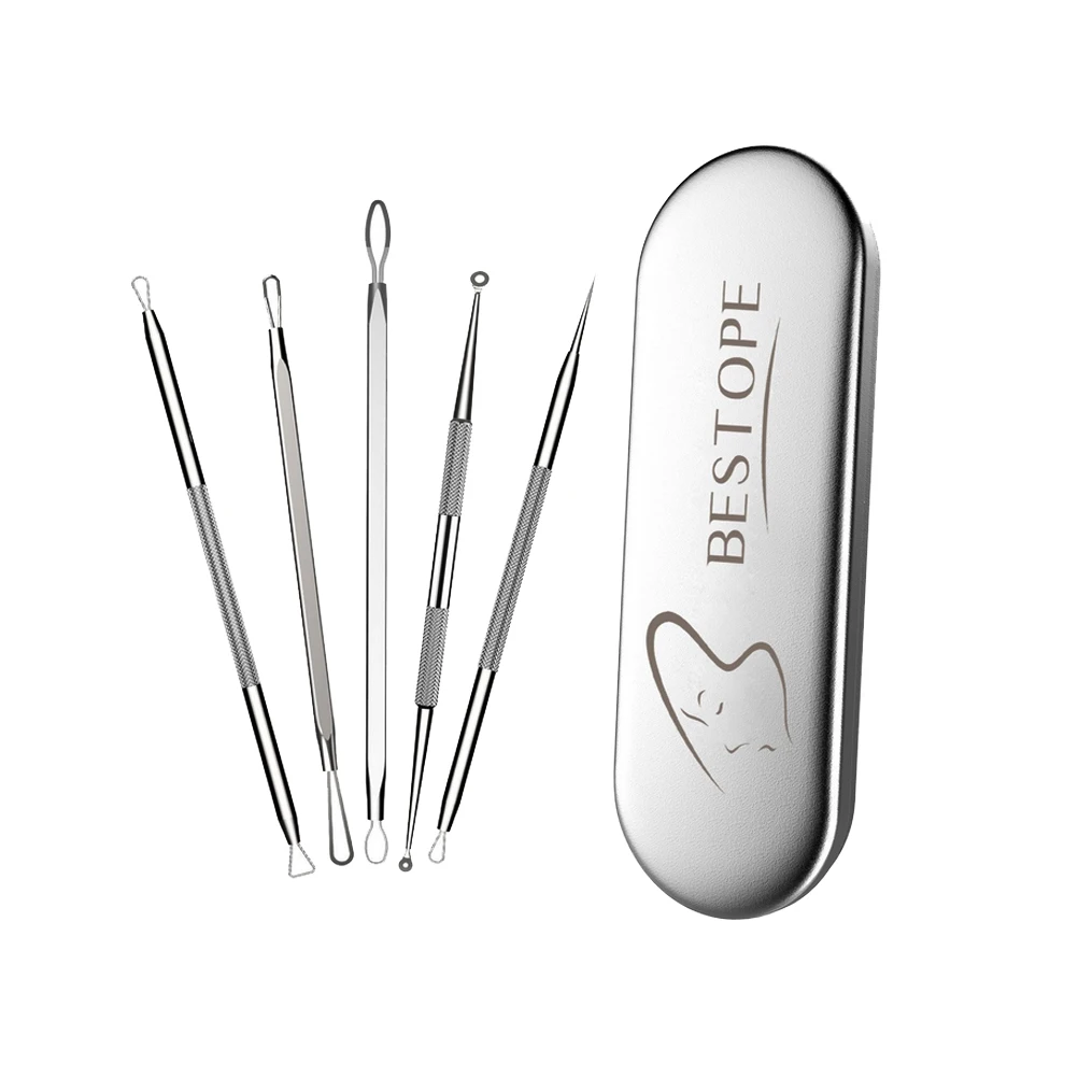 

Bestope 5 in 1 Blackhead Extractor Tool Stainless Steel Acne Needle Anti-allergic Blackhead Remover In Tin Box, Silver