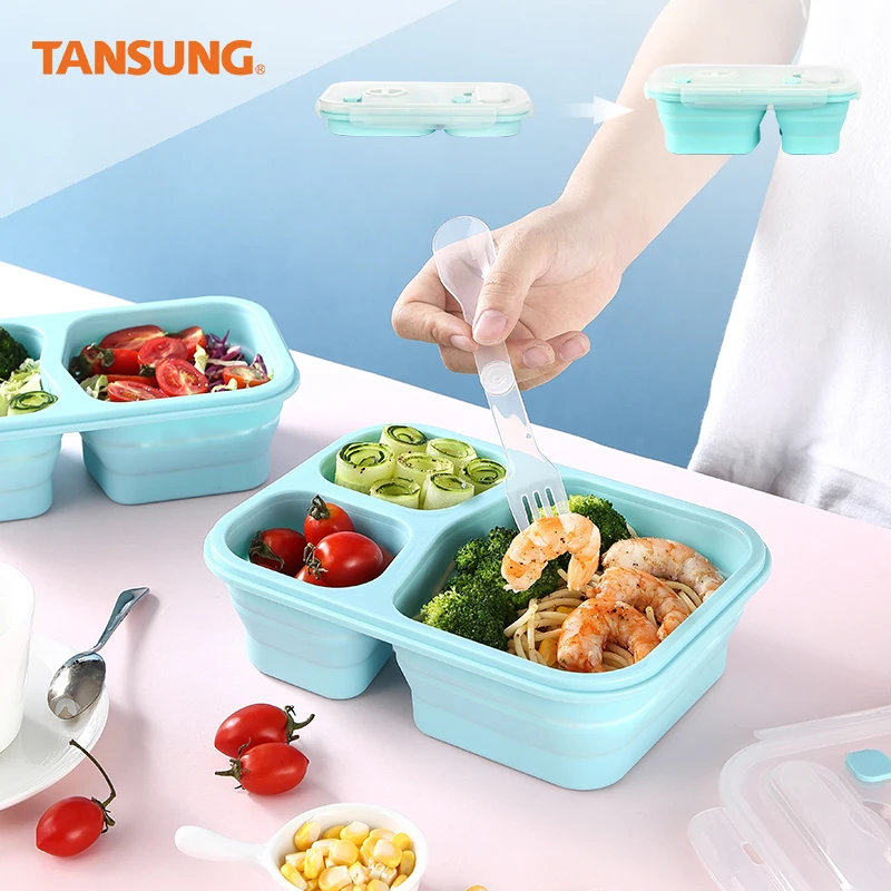 

OEM Hot Foldable Silicone Lunch Box Set With Lid BPA Free Collapsible Bento Outdoor Food Storage Container With Fork Spoon, Multi-colors/customized