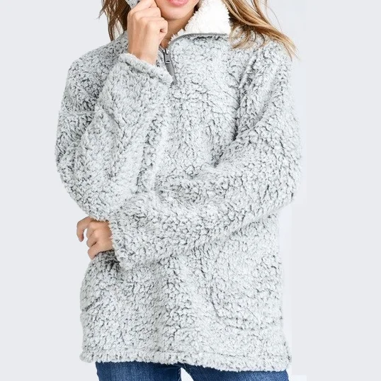 

Monogram Women Oversized Cute Cozy Sherpa Zip Up Pullover, As picture shows