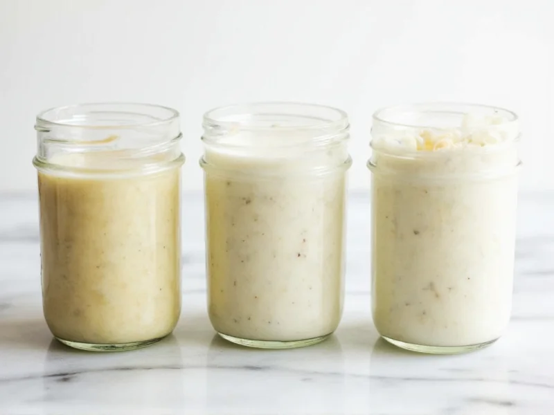 Three variations of homemade ranch dressing in glass jars