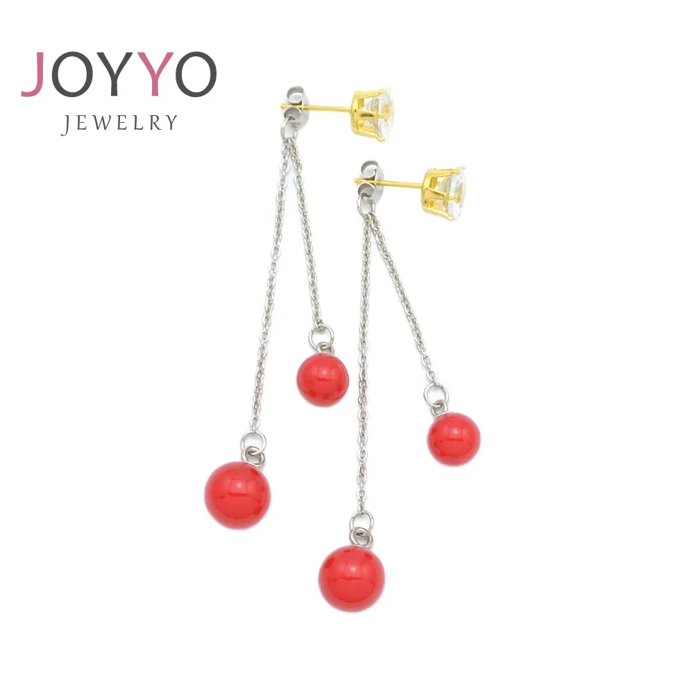 

Trendy stainless steel Double Link Chain red Pearls Crystal dangle earrings