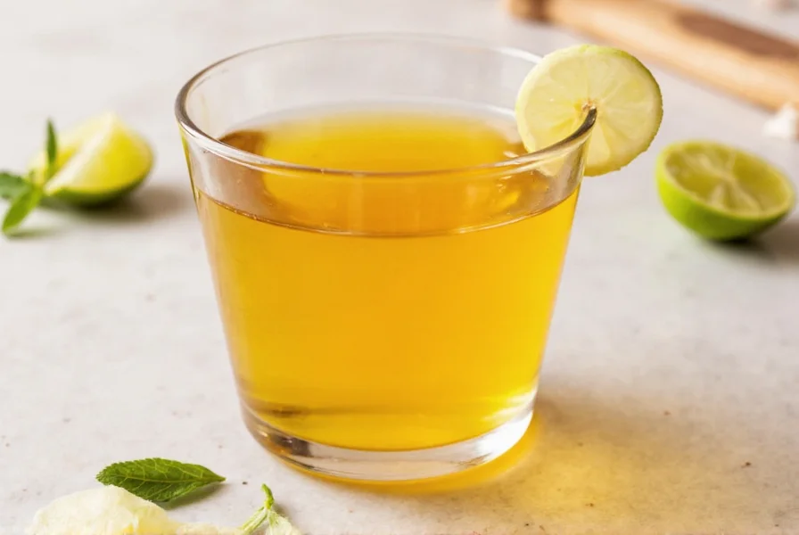 Glass bottles filled with golden ginger shot liquid arranged on wooden table with fresh ginger and lemon