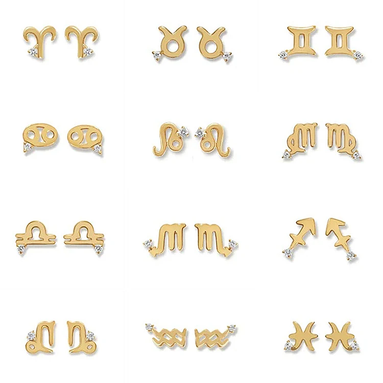 

Y106 Pendientes de acero inoxidable 18k Gold Plated Earring 12 Horoscope Stainless Steel Women Zircon Stud Sign Earrings