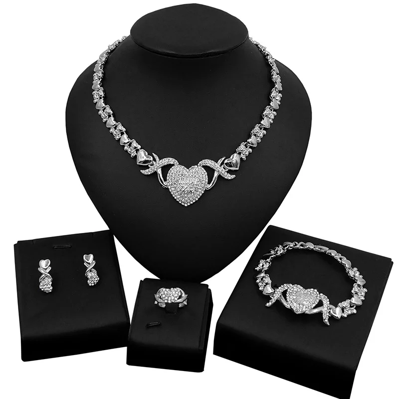 

Big Heart Teddy Bear I Love You Hug and Kiss Xoxo Necklace Jewelry Set American Diamond 18K Gold Plated Jewelry Set X0014