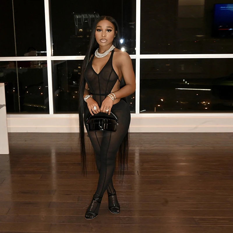 

Bomblook K21ST294 Sexy See Through Mesh Two Piece Pants Set Women Solid Color Bodycon Bodysuit High Waist Leggings Pant Set