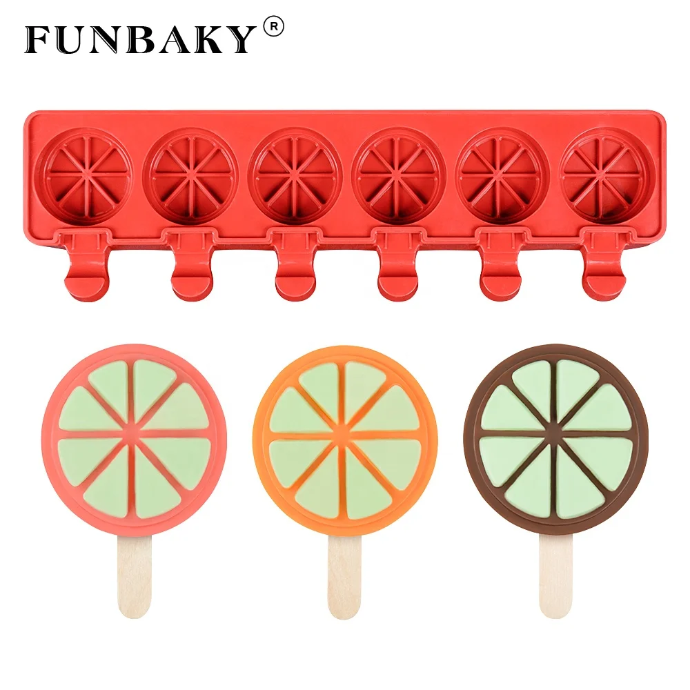 

FUNBAKY JSC3301 New design 3 D ice cream mold 6 cavity low temperature resistant fruit orange shape popsicle mold silicone, Customized color