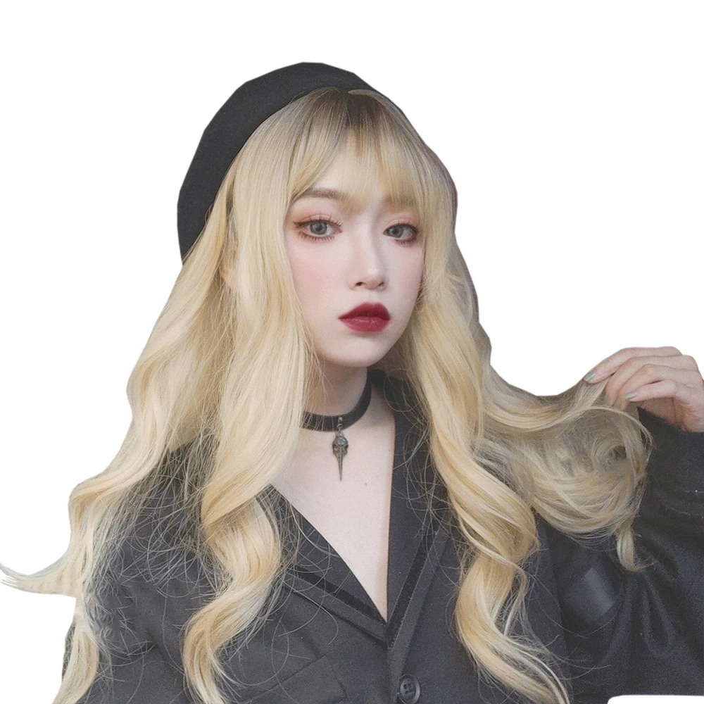 

Golden Long Curly Hair Black top 26 INCH Harajuku Lolita Princess Sweet High Temperature Silk Cosplay COS Wig, Pic showed