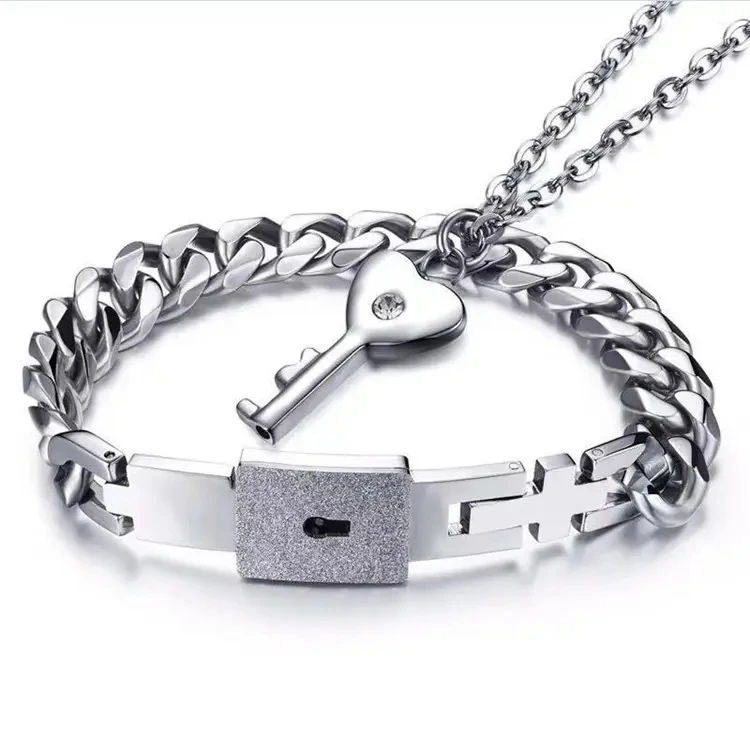 

Wholesale Couple Stainless Steel Bracelet Necklace Set Love's Heart Lock and Key Titanium Steel Bracelet for Women Men Jewelry