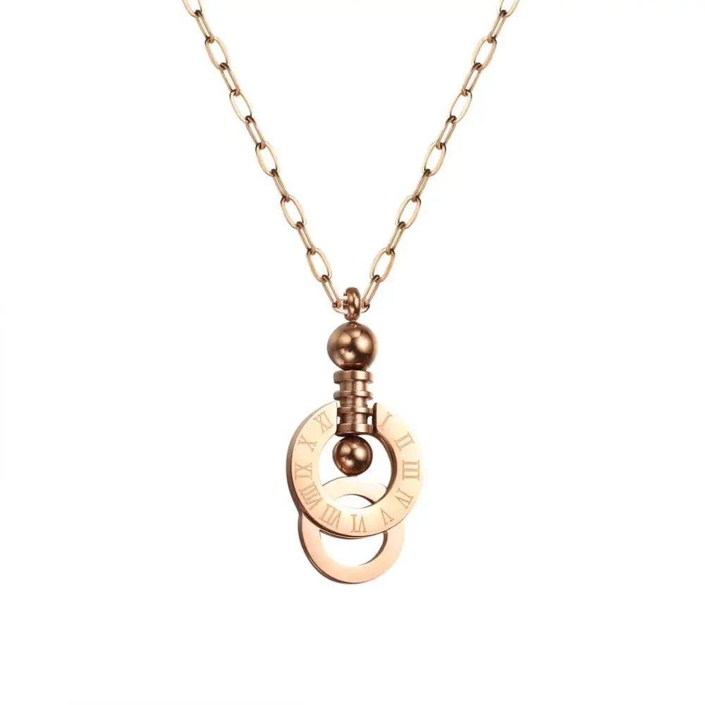

Loftily Roman Numerals Double Ring Pendant Rose Gold Plated Stainless Steel Necklace, Picture shows