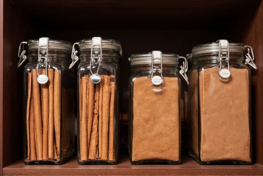 Proper storage methods for Ceylon cinnamon showing airtight glass containers in a cool, dark pantry