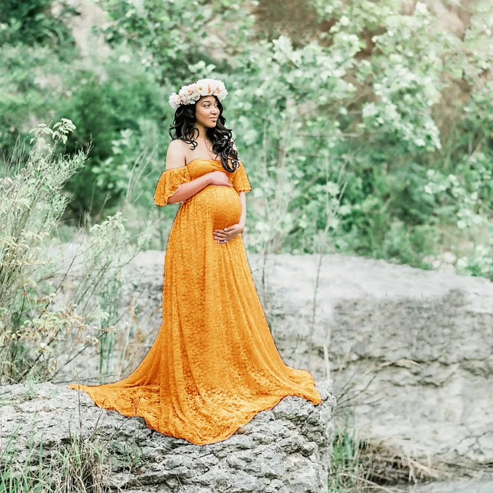 

Women's Long Sleeve Lace Maternity Gown Photography Dress Maternity Off Shoulder Dress