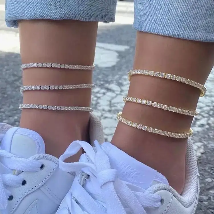 

Women 4MM Full Diamond Three Layer Single Row Tennis Foot Chain Bracelet Set Multi Layer Rhinestone Crystal Ankle Bracelet