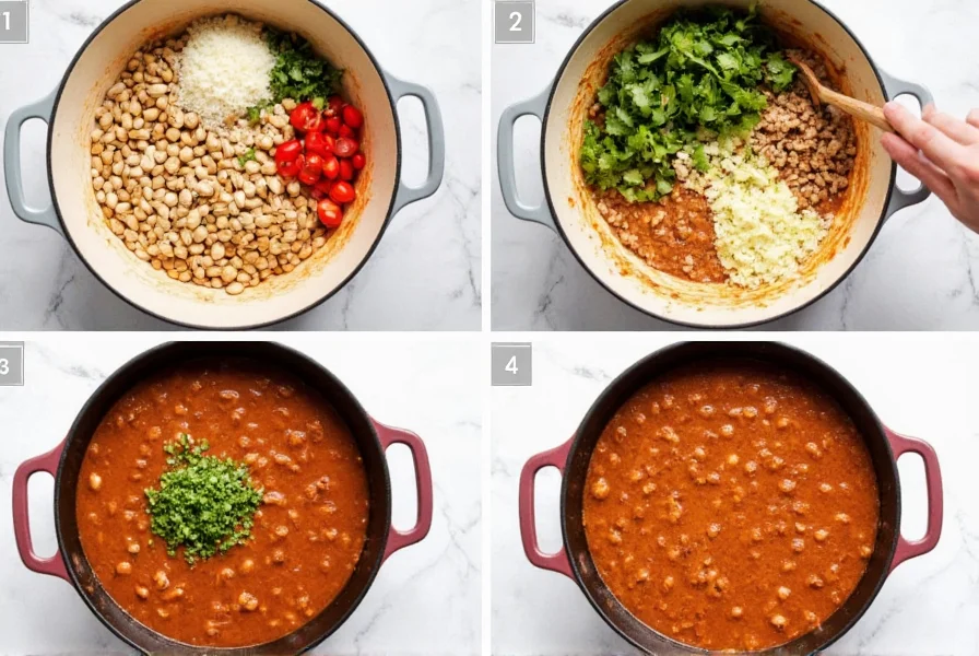 Step-by-step preparation of white bean chicken chili in cast iron pot with fresh ingredients