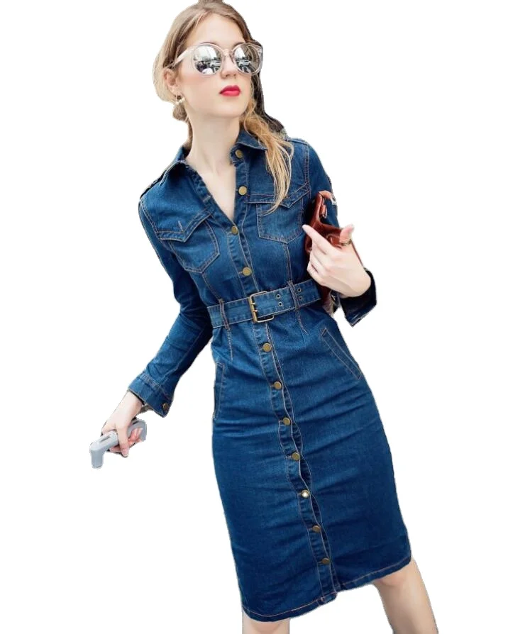 

2021 Summer Work New Women Long Sleeve Jean Dress Women Elegant