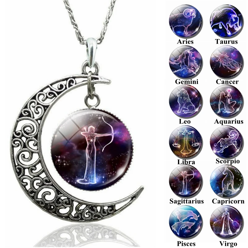 

12 Zodiac Sign Necklace Zodiac Signs Cabochon Glass Crescent Moon Pendant Clavicle chain Necklace Birthday Gifts Jewelry, As picture