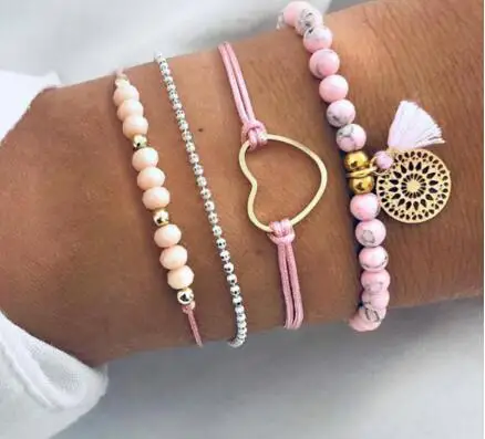 

WIIPU Boho Pink Beaded Heart Bracelet Set for Women Multi-layer Adjustable Rope Tassel Pendant Bracelet Jewelry Pulseiras