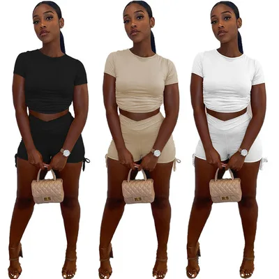 

JC7017 New arrival stacking fashion casual sports pleated solid color short sleeve shorts two-piece suit