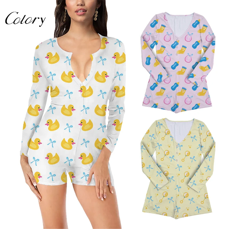 

Colory Long Sleeve Nighty Print Bodycon Rompers Button Design, Picture shows