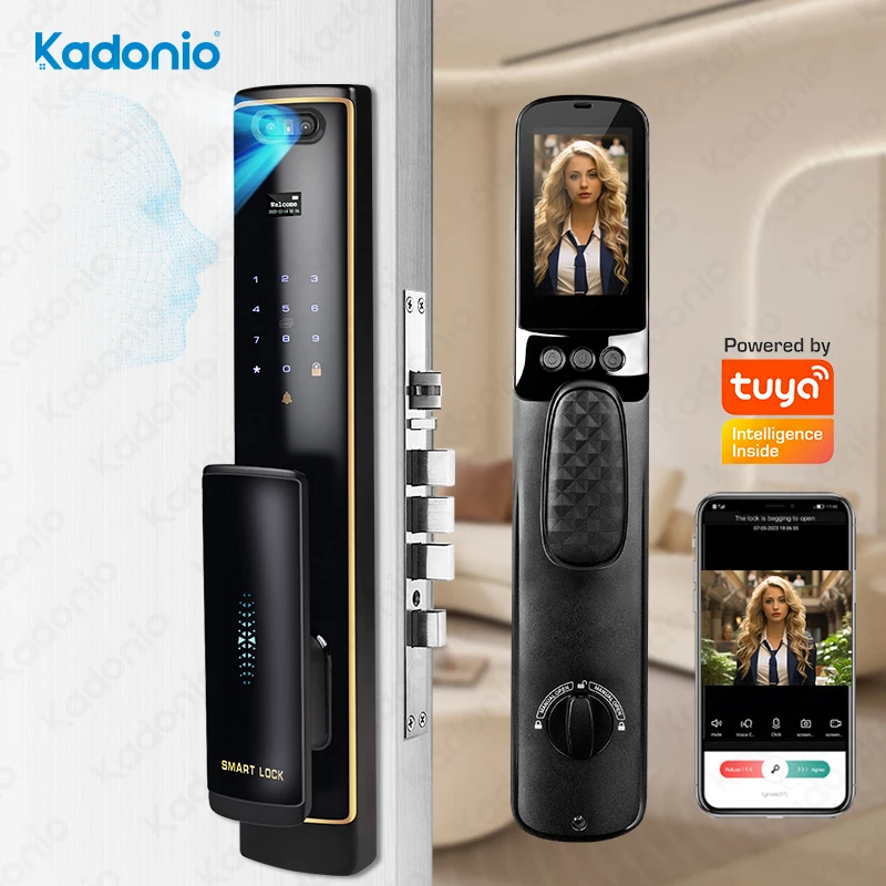 

Kadonio Tuya WiFi Fingerprint Digital Keypad 3D Face Recognition Smart Door Lock With Camera Outdoor