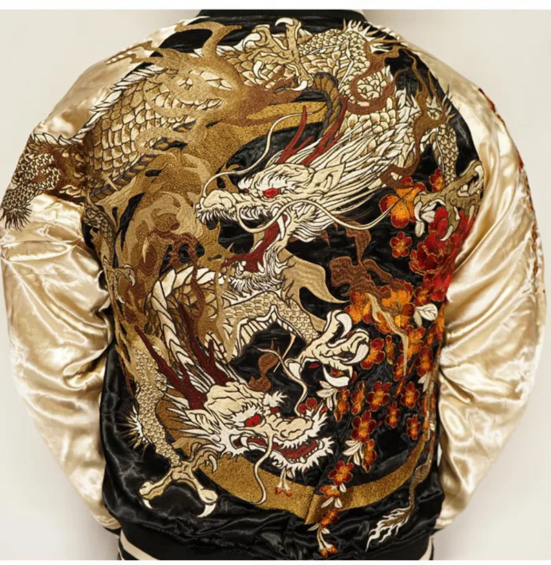 

Japanese Yokosuka Vintage Double-faced Embroidered Jacket Streetwear Men's Moonlight Dragon Cherry Blossom Satin Bomber Jacket