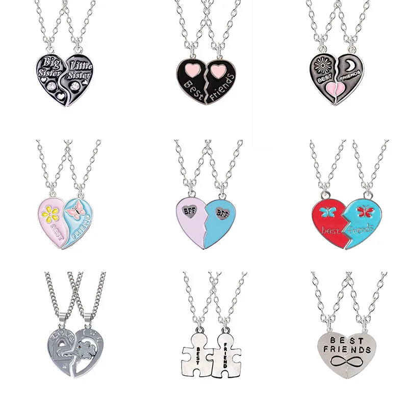 

2 pieces/set Chunky Best Friend Enamel Necklace Heart Shape Friendship Magnet Couple Girls Pendant Necklace for Gift, As picture shows