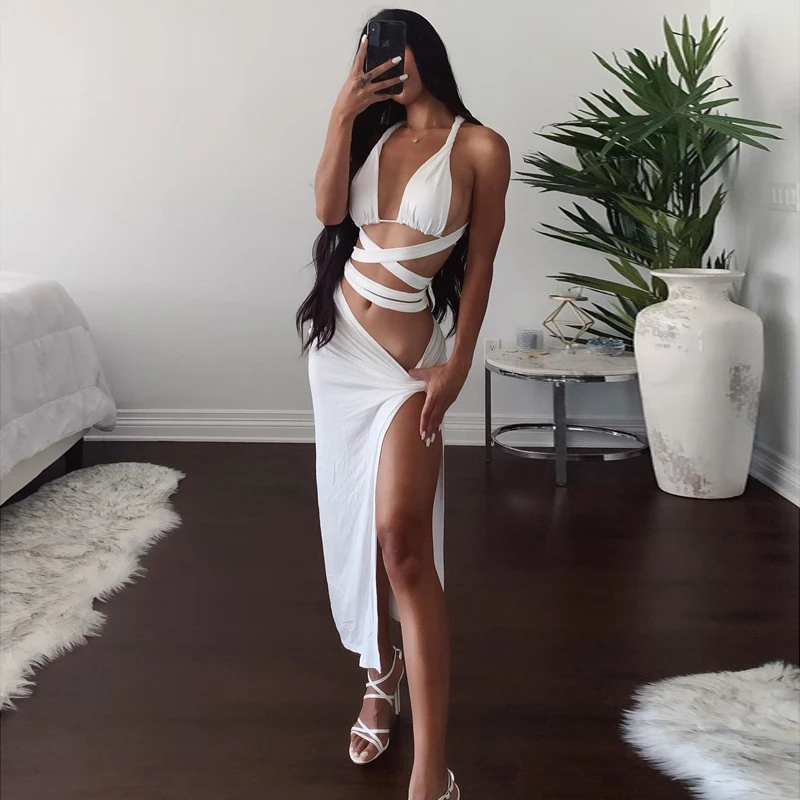 

Summer Solid Color Backless Bandage Sleeveless Crop Top Drawstring Split Sexy 2 Piece Skirt Set Women Beachwear