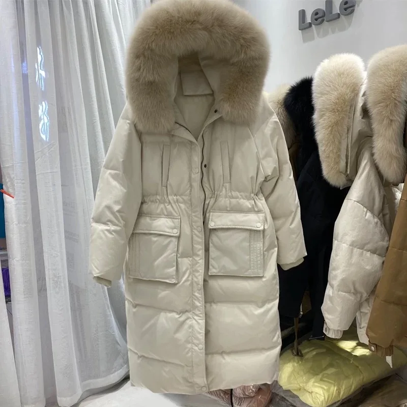 

South Korea Style Big Faux Fur collar down jacket female 2021 winter new down loose-fitting coats long hooded jacket women