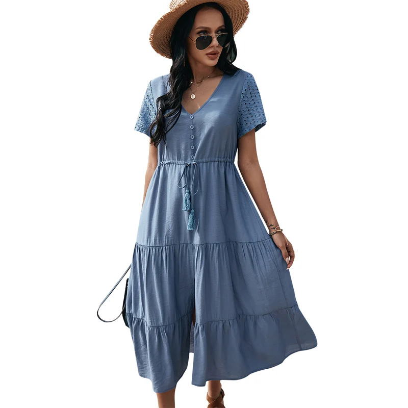 

New Arrival Short Sleeve V Neck Different Colors Women's Clothing Casual Dress