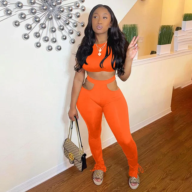 

Ladies Outfits Solid Short Sleeve Hollow Out 2 Piece Set Sexy Top And Pants Co Ord Set Women -CY, Yellow,orange,red,blue,black