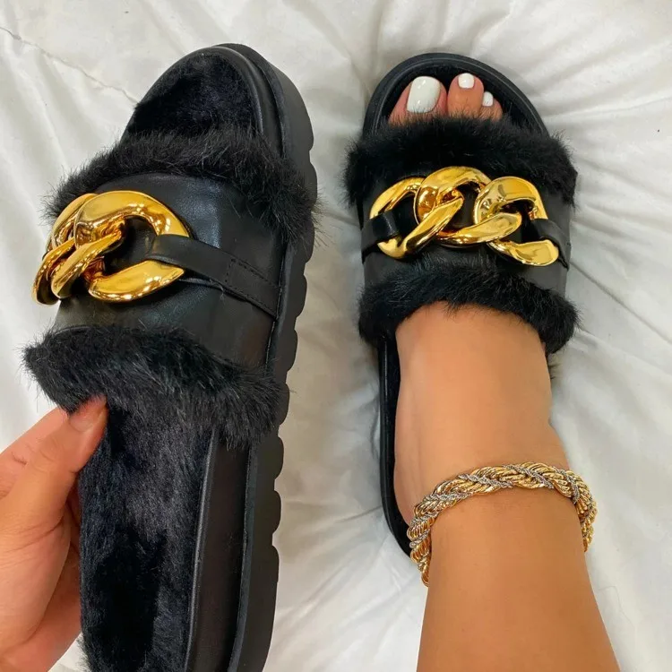 

PDEP high quality low MOQ fur gold chain flat slippers for women fancy casual slides plush sandals shoes for ladies, Black,white,brown