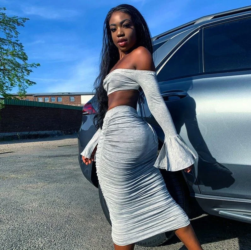 

Casual Women's Sexy Pleated Off Shoulder Dress Long Flared Sleeve Bodycon Club Set