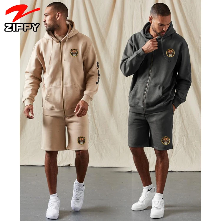 

2022 spring Custom Logo Long Sleeve Zip Up Hoodies 2 Piece Set sweatsuit embroidery Jogging Suit Men Track Suits with shorts, Custom color