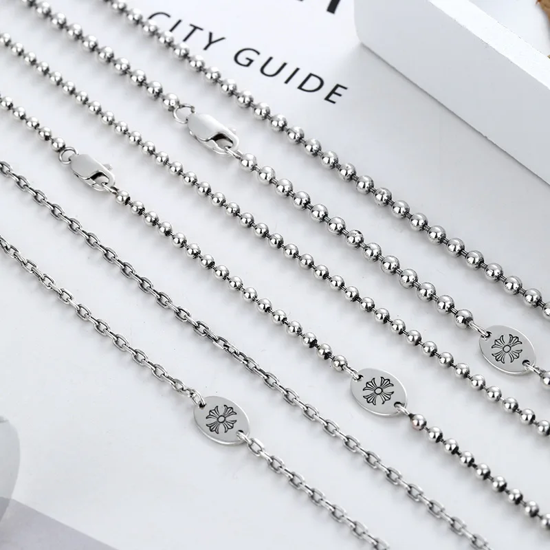 

925 sterling silver retro fine beads necklace Extended sweater chain men's and women's chains without pendants