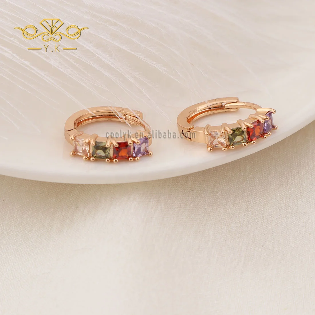 

925 Sterling Silver 14k Gold Plated Color Crystal Tiny Small Rainbow Huggie Earrings