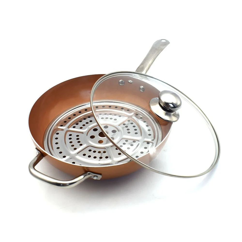 

Copper Round Pan Induction Chef Glass Lid Fry Basket, Steam Rack 4 Piece Set,12 Inches Used In Induction