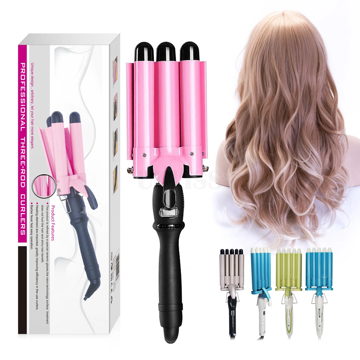 

Homeuse Latest triple barrel hair waver steam styling curling iron wand set hair curling tongs, Gold,black, silver