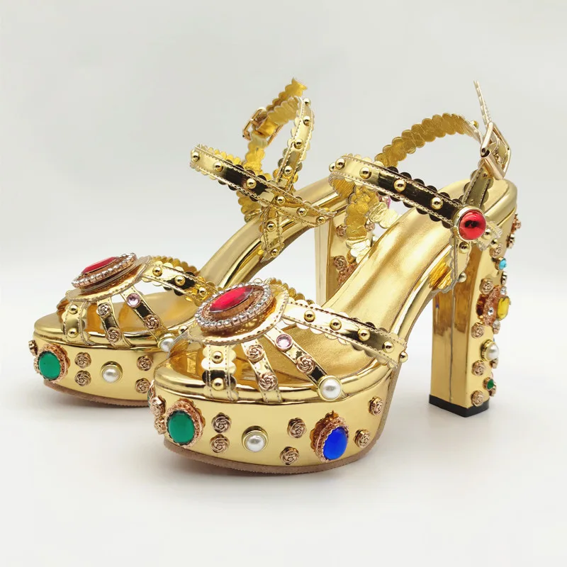 

Top quality Baroco style golden block high heels sandals party shoes for women