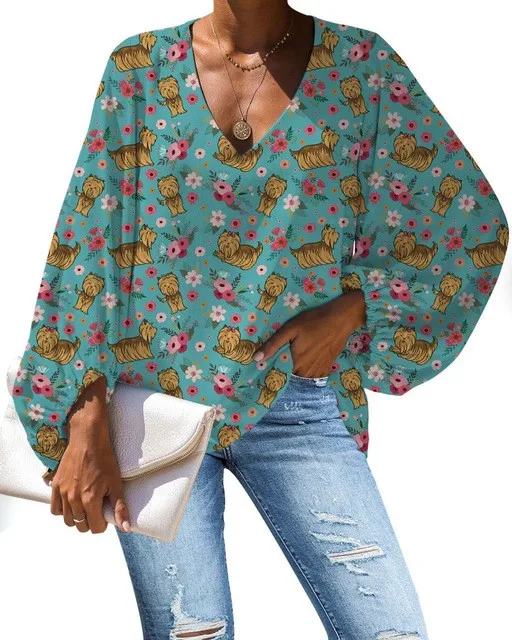 

Yokie Labradoodle Bull Terrier Dog Printed Women's Clothes with Custom Logo Loose Casual Long Sleeve Chiffon Tops Blouse, Customized color