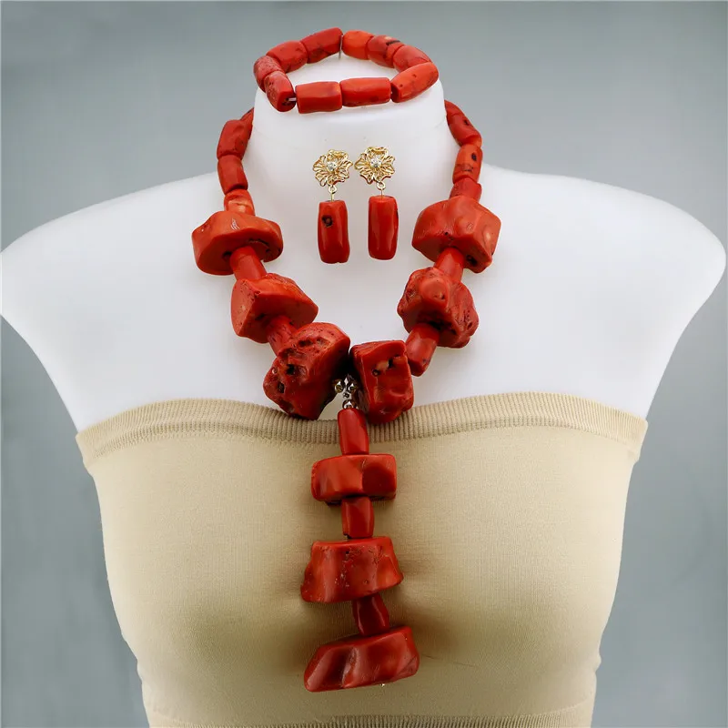 

red color big Nigerian Wedding beads Jewelry Set natural Coral Beads Necklace Set Bracelet Earrings African beads Jewelry Set, As picture