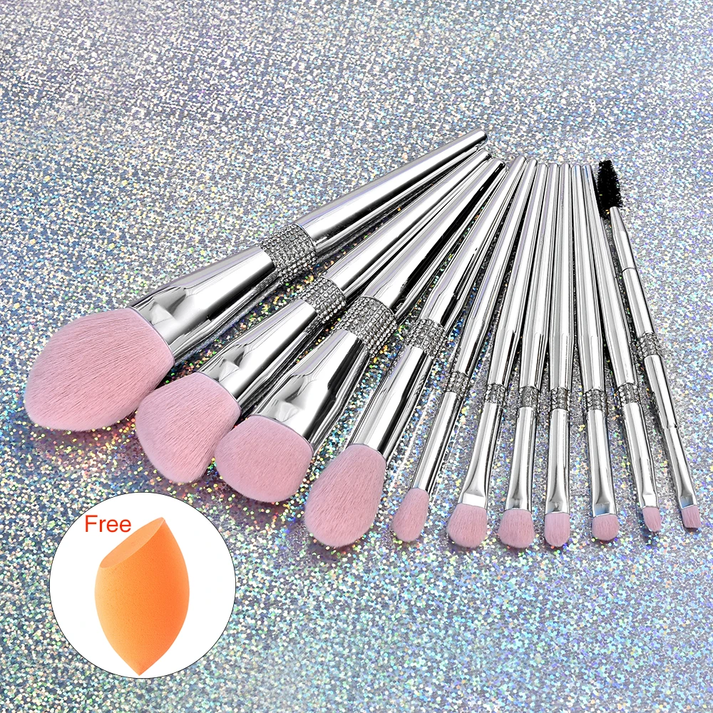 

BUEART luxury bling silver private label glitter makeup brushes set holder with pink cleaner diamond custom logo package box, Silver diamond brush