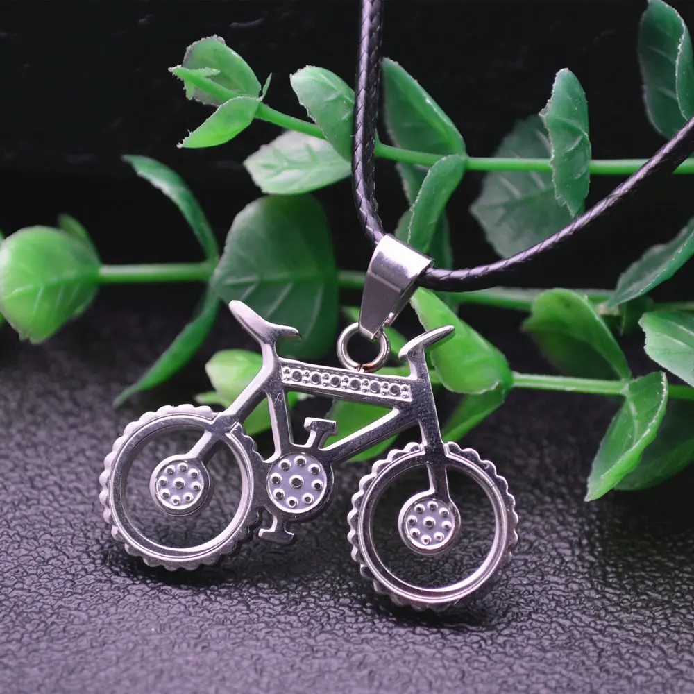 

Stainless Steel Cute Bike Bicycle Pendant Necklace Black Cord Chains Fashion Man Jewelry