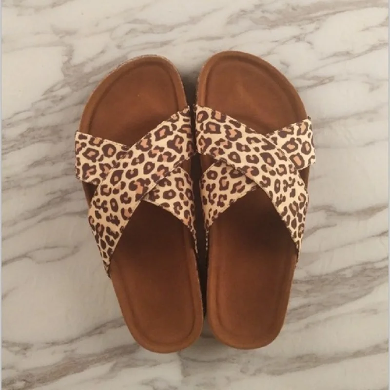 

Hot Summer Leopard Print Women Slipper Cross Strap Open Toe Flat Scuff Slippers Mules Babouche Slides Sandals, As pictures