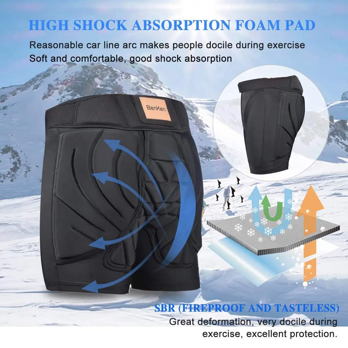BenKen 3D Padded Short Protective Hip Butt EVA Paded Short Pants Protective Gear for Snowboard Skating Skiing Protection Drop Resistance