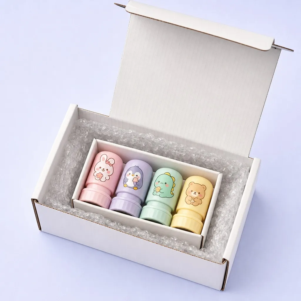 Open white shipping box showing four kawaii character stamps packed securely in bubble wrap ready for delivery