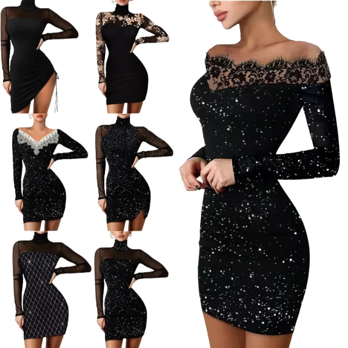 

Hot Sales Womens Off Shoulder Long Sleeve Bodycon Sequin Dresses Formal Evening Wedding Party