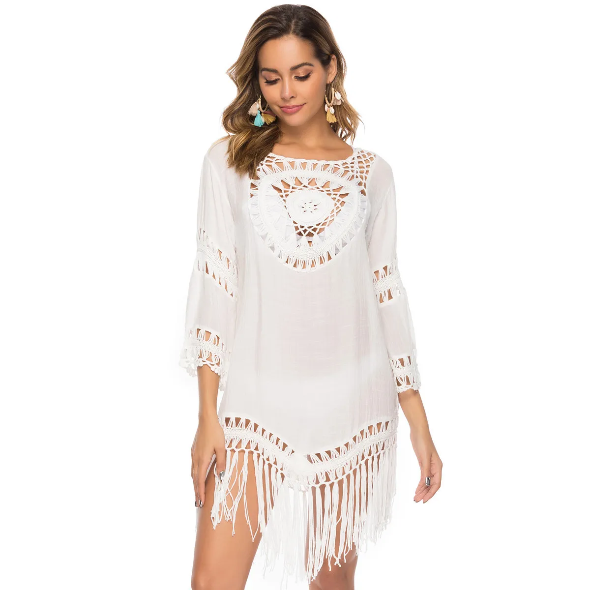 

Women Summer Tassel Lace Hollow Crochet Cover Ups Tunic Swimsuit Beach Dress Tropical Beachwear, Photo showed and customized color