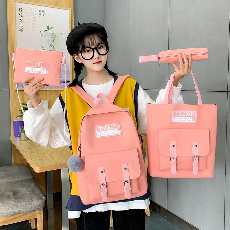 

2020 Patchwork Canvas backpack 4pcs set backpack candy color backpack