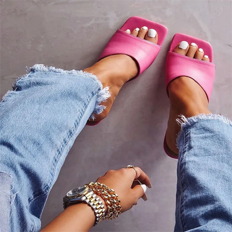 2020 Summer Wide Width Wholesale Latest Sexy Custom Slides Sandals With Logo Square Toe Slipper 