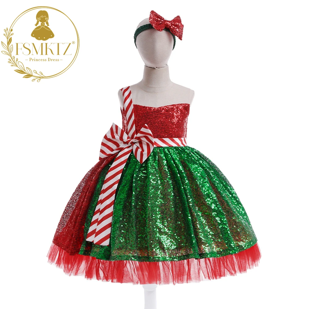 

girl party dress Christmas dress for kids Fluffy Strap Glittery Christmas Girl Dress with Free Headband